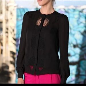 DVF Diane von Furstenberg Black Silk Billow Lace Top SZ 2